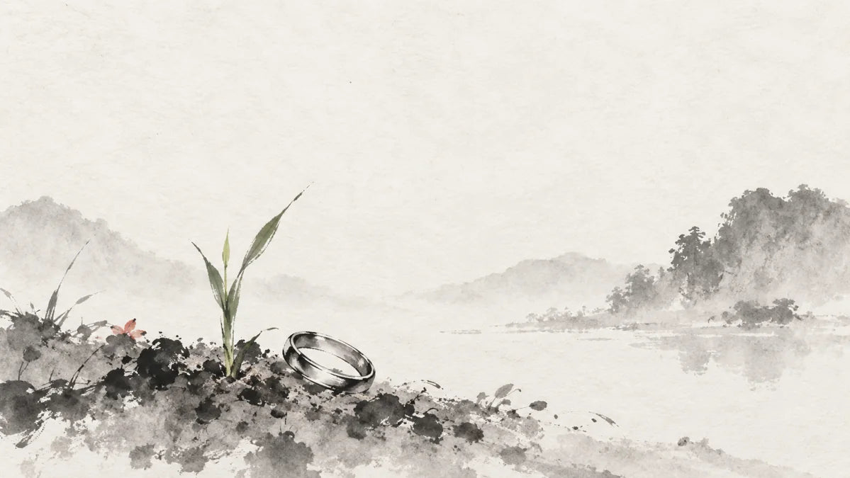 Ink wash painting of a small polished silver ring beside a fresh grass shoot rooted in spring soil.