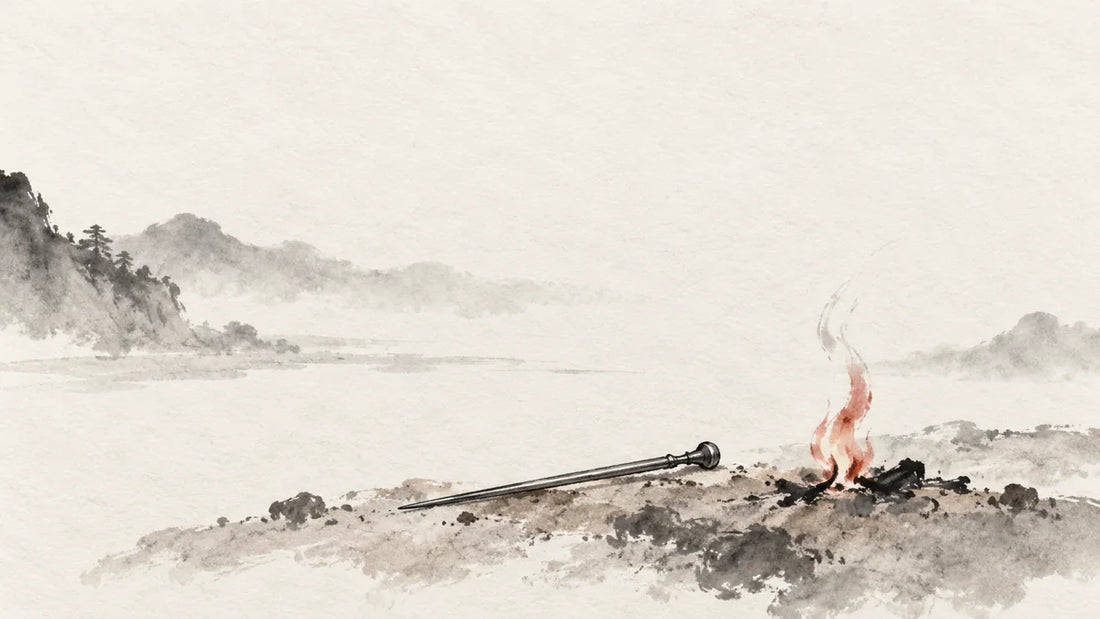 Ink wash painting of a slender plain silver pin resting on pale earth beside a small restrained flame.