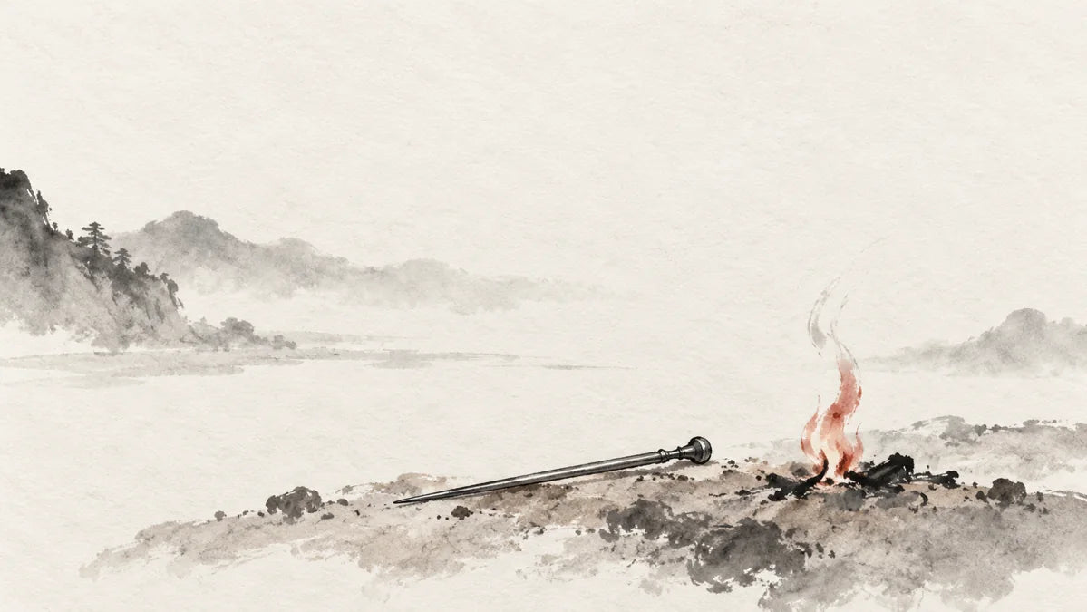 Ink wash painting of a slender plain silver pin resting on pale earth beside a small restrained flame.