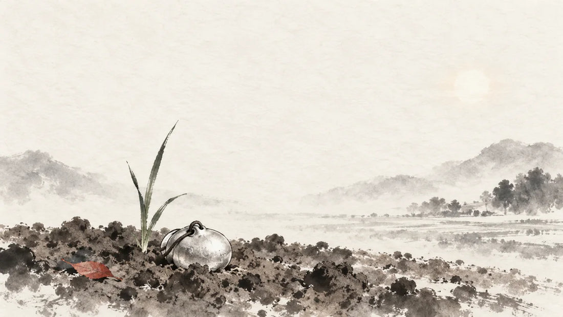 Ink wash painting of a small unadorned silver ornament resting on sun-warmed cultivated soil beside one grass shoot.