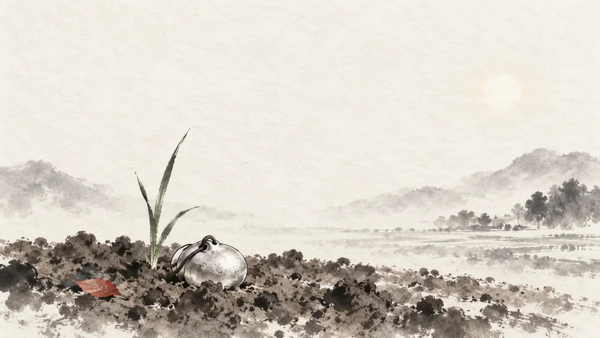 Ink wash painting of a small unadorned silver ornament resting on sun-warmed cultivated soil beside one grass shoot.