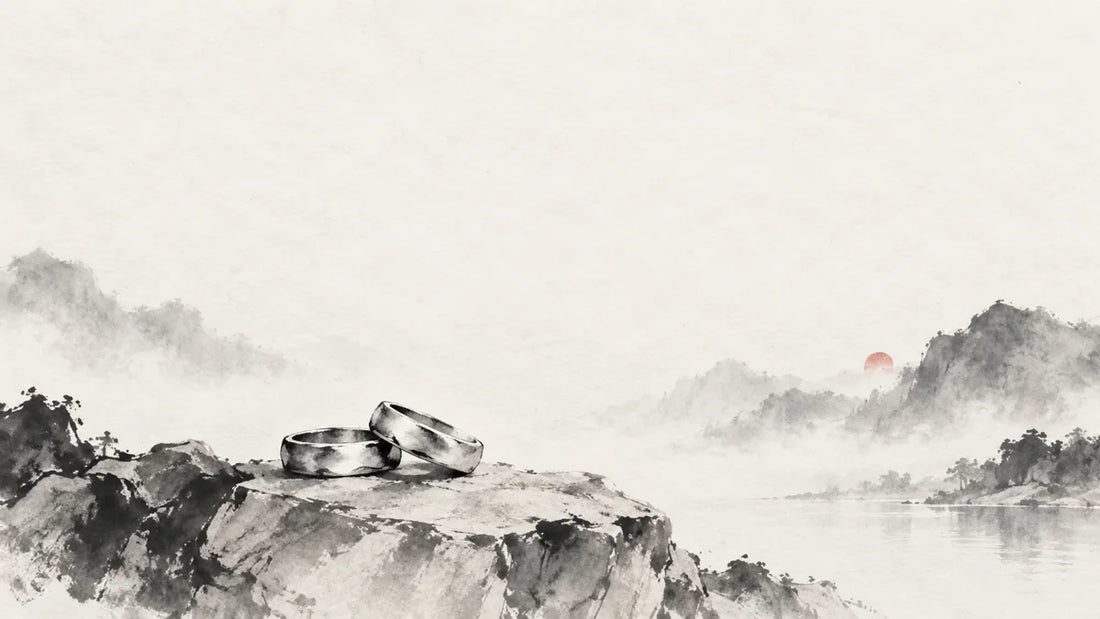Ink wash painting of two small unadorned silver pieces resting together on a pale mineral ledge.