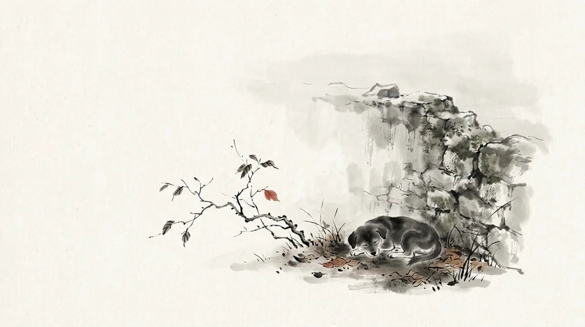 Ink wash illustration: a quiet dog resting beside a weathered stone wall in late autumn