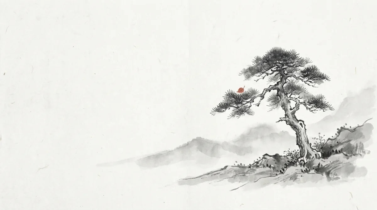 Ink wash illustration: an old pine on a distant ridge with one small muted cinnabar leaf