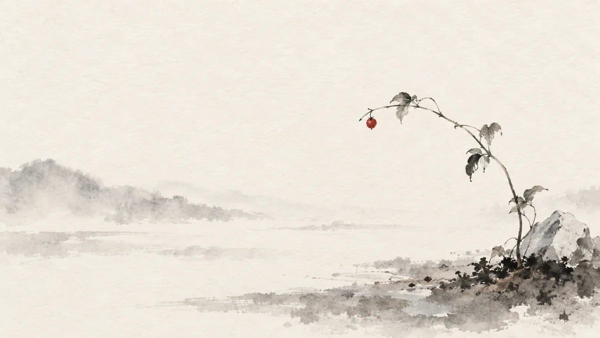 Ink wash painting of a slender flexible vine emerging beside cool compact earth and a pale stone.