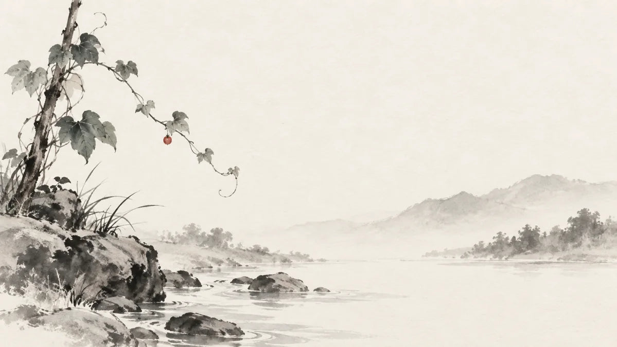 Ink wash painting of a slender climbing vine beside a quiet flowing stream with a supporting woody stem.