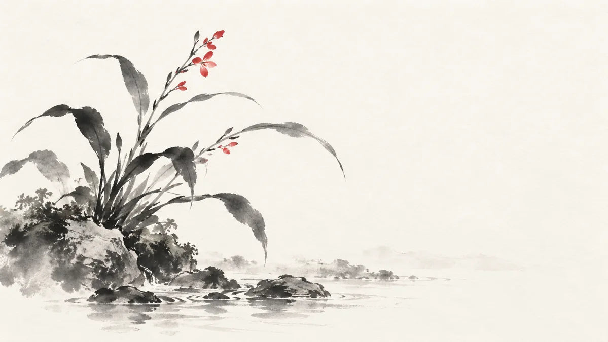 Ink wash painting of delicate leafy stems emerging from one rooted spring plant.