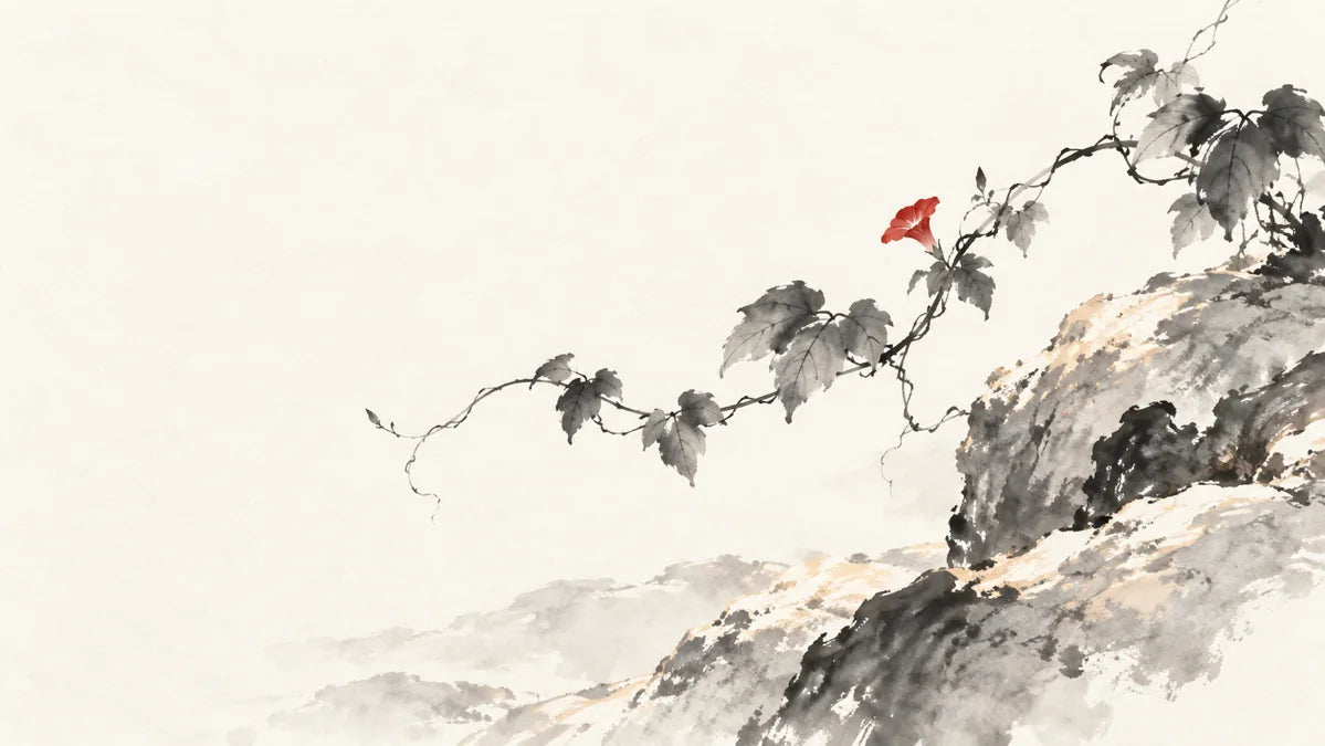Ink wash painting of a curved vine on sun-warmed stones with one tiny cinnabar accent.