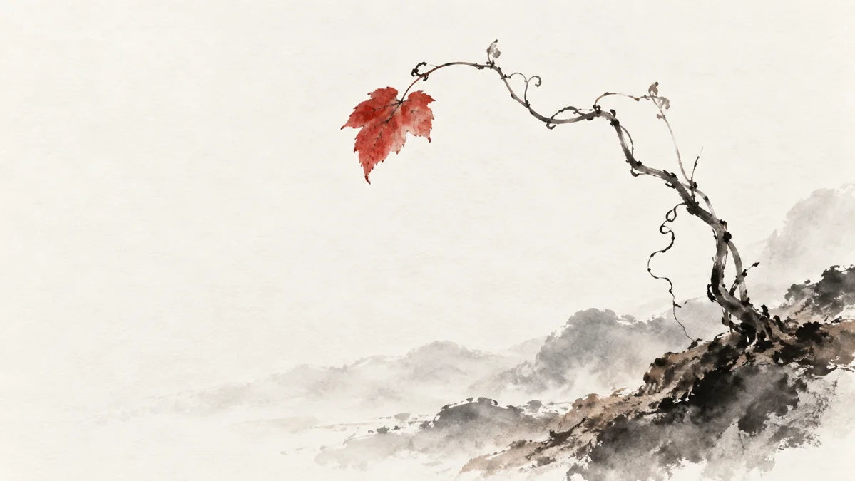 Ink wash painting of a slender vine rooted in warm earth with a single red leaf.