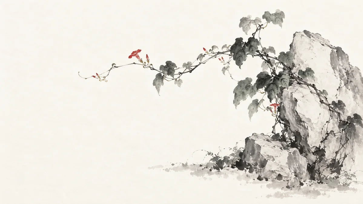 Ink wash painting of a delicate vine beside a pale sharp-edged stone.